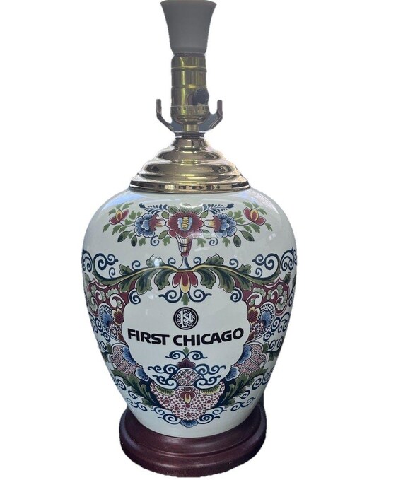 tobacco jar lamp Vintage Delft First Chicago Tobacco Jar Apothecary W Brass Lid Lamp Wooden  Base