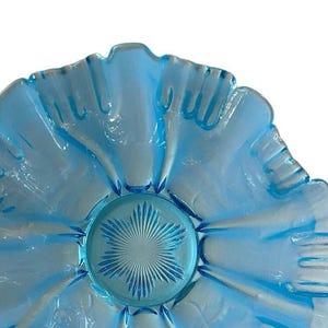 May include: A light blue glass bowl with a ruffled edge. The center of the bowl features a starburst design. The bowl has a vintage aesthetic and is likely used for serving or display.