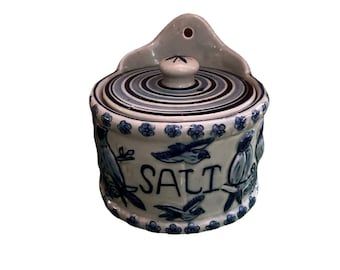 Vintage Victorian  Blue & Gray Salt Glaze Ironstone Love Birds Hanging Crock