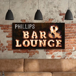 Custom Industrial Lounge Bar Sign, Garage Man Cave Sign, Personalized Industrial Wall Art, Modern Bulb Industrial Decor, Large Custom Canvas