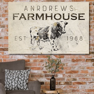 Farmhouse Cow Custom Family Name Sign, Personalized Rustic Wall Art, Modern Farmhouse Wall Art Decor, Custom Canvas Sign, Country Wall Decor