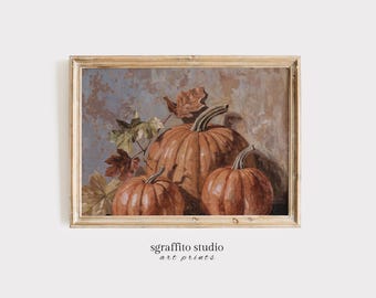 Vintage Fall Pumpkin Print, Halloween Rustic Farmhouse Home Decor Wall Art, Still Life Painting, Digital Download Art