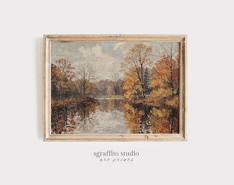 Rustic Autumn Landscape Painting, Vintage Fall Home Decor, Countryside Wall Art, Digital Download