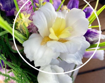 May include: A close-up of a white flower with a yellow center. The flower is surrounded by other flowers, including purple and yellow flowers.
