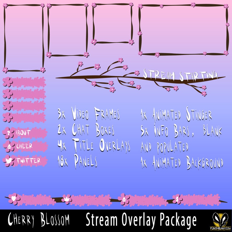 Cherry Blossom Twitch Stream Package Overlay  Cute Pink and image 1