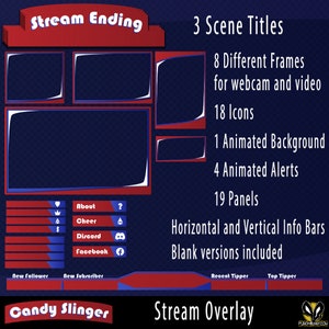 Candy Slinger Twitch Stream Overlay Template Blue and Red fun overlay, alerts, panels, full streaming package image 1