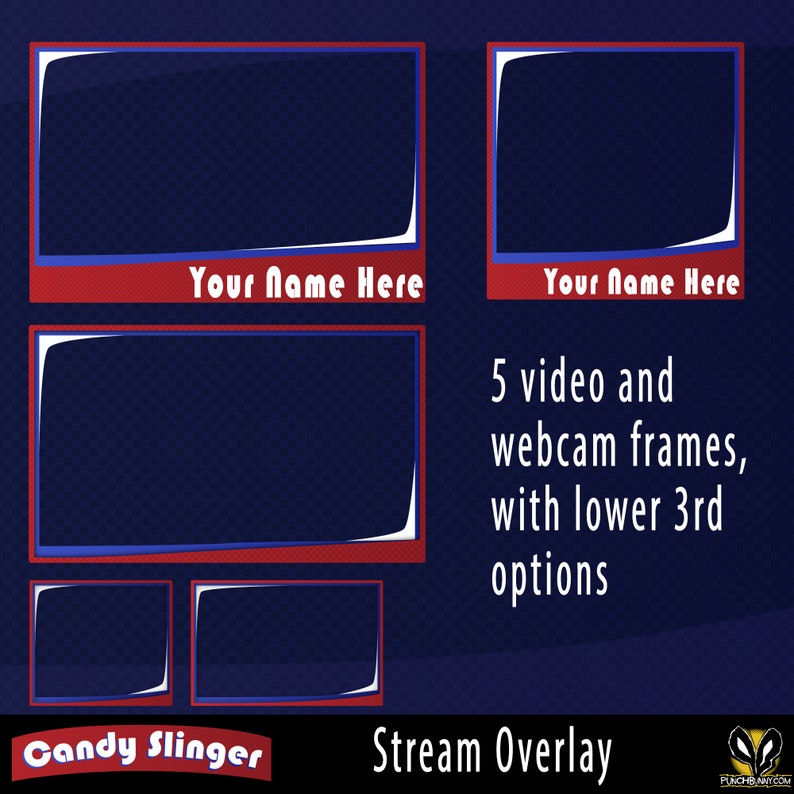 Candy Slinger Twitch Stream Overlay Template Blue and Red fun overlay, alerts, panels, full streaming package image 6