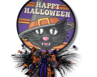 Handcrafted Halloween Black Cat Door Hanger: Witchy Porch Decor