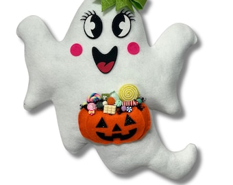 Ghost Wreath Attachment with Pumpkin | Cute Whimsical Halloween | Felt Glitter Decor Piece | Trick or Treat Candy Ghost | Autumn decoration