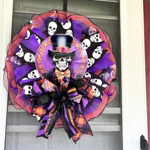 Vibrant Skeleton Halloween Wreath for Front Door, Purple and Orange Goth Decor, Spooky Skull Porch decoration, Victorian Skeleton Portrait