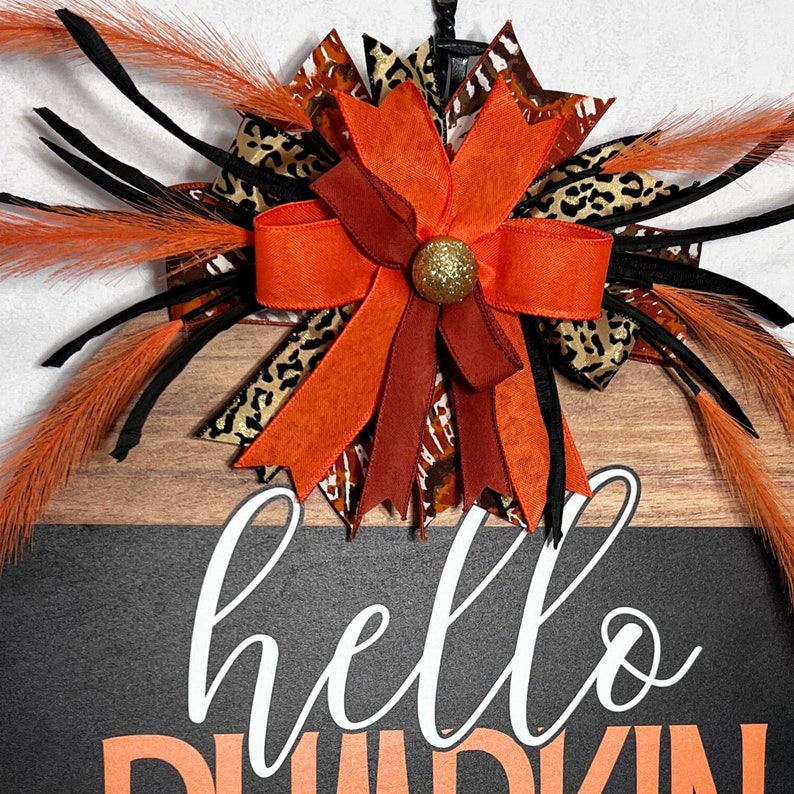 Hello Pumpkin Fall Door Hanger With Leopard Print, Rustic Autumn Front Door Decor, Halloween