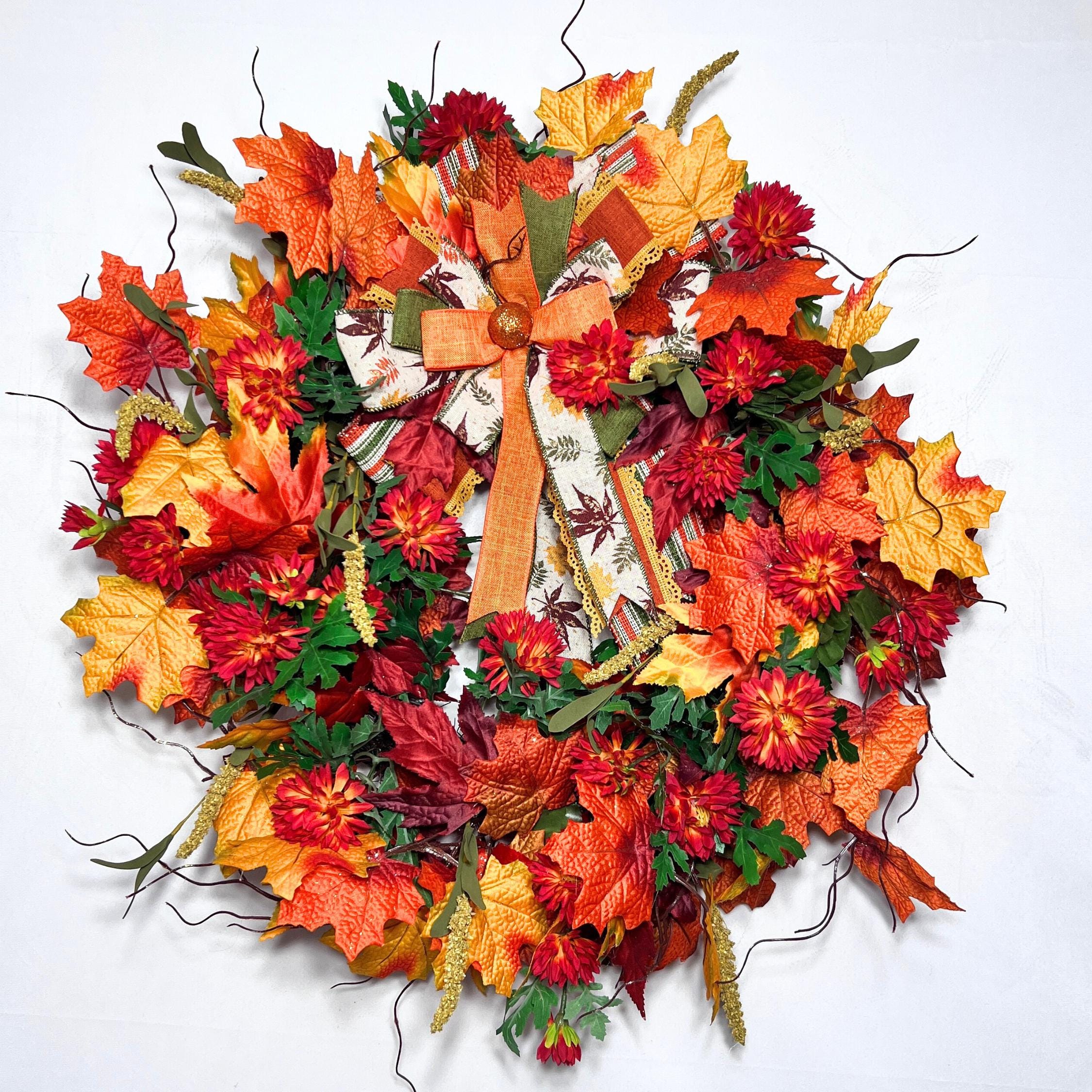 Autumn Maple Leaf Wreath With Mums and Burlap Bow, Fall Door Decor ...