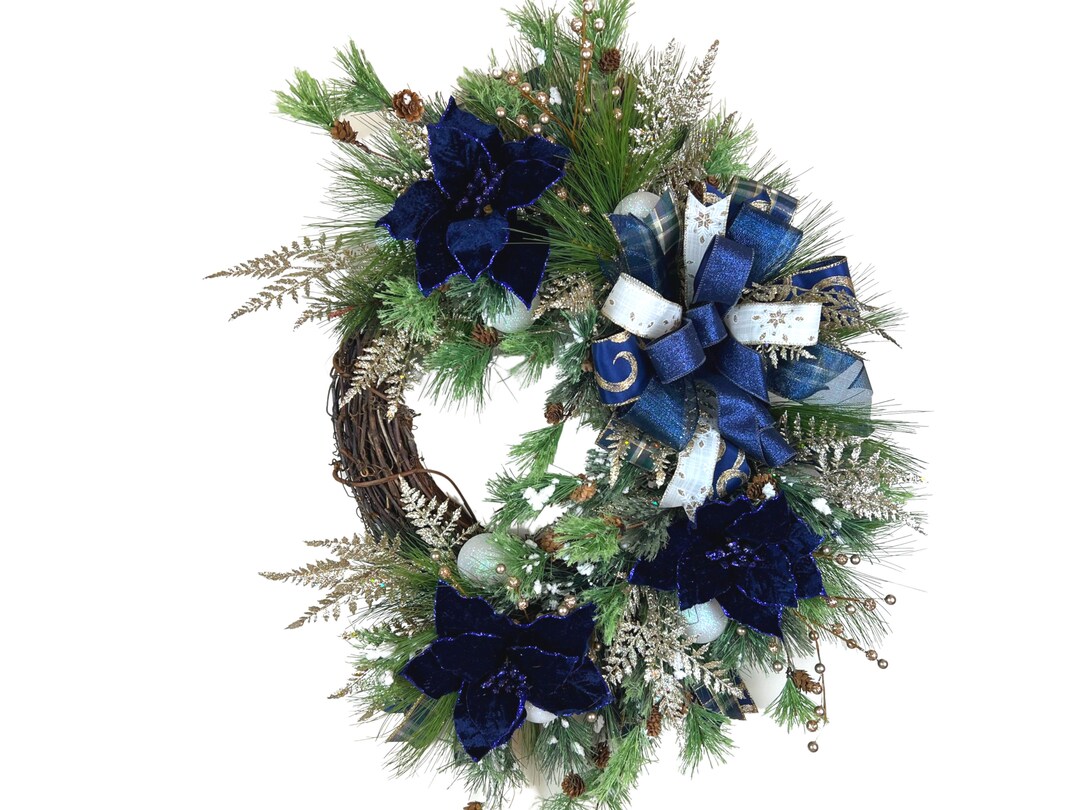 Victorian Blue Poinsettia Snowball Wreath for Front Door, Winter ...
