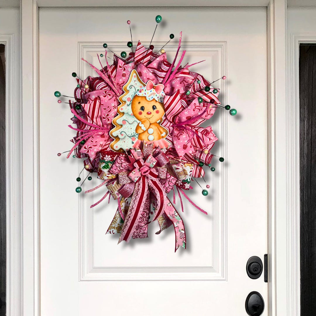 Pink Gingerbread Girl Christmas Wreath, Candyland Holiday Door Decor ...