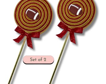 Football Themed Lollipop Sign – Glitter Red and Gold Sports Party Decor, Game Day Decoration, Football Wreath Attachment, Porch Decoration