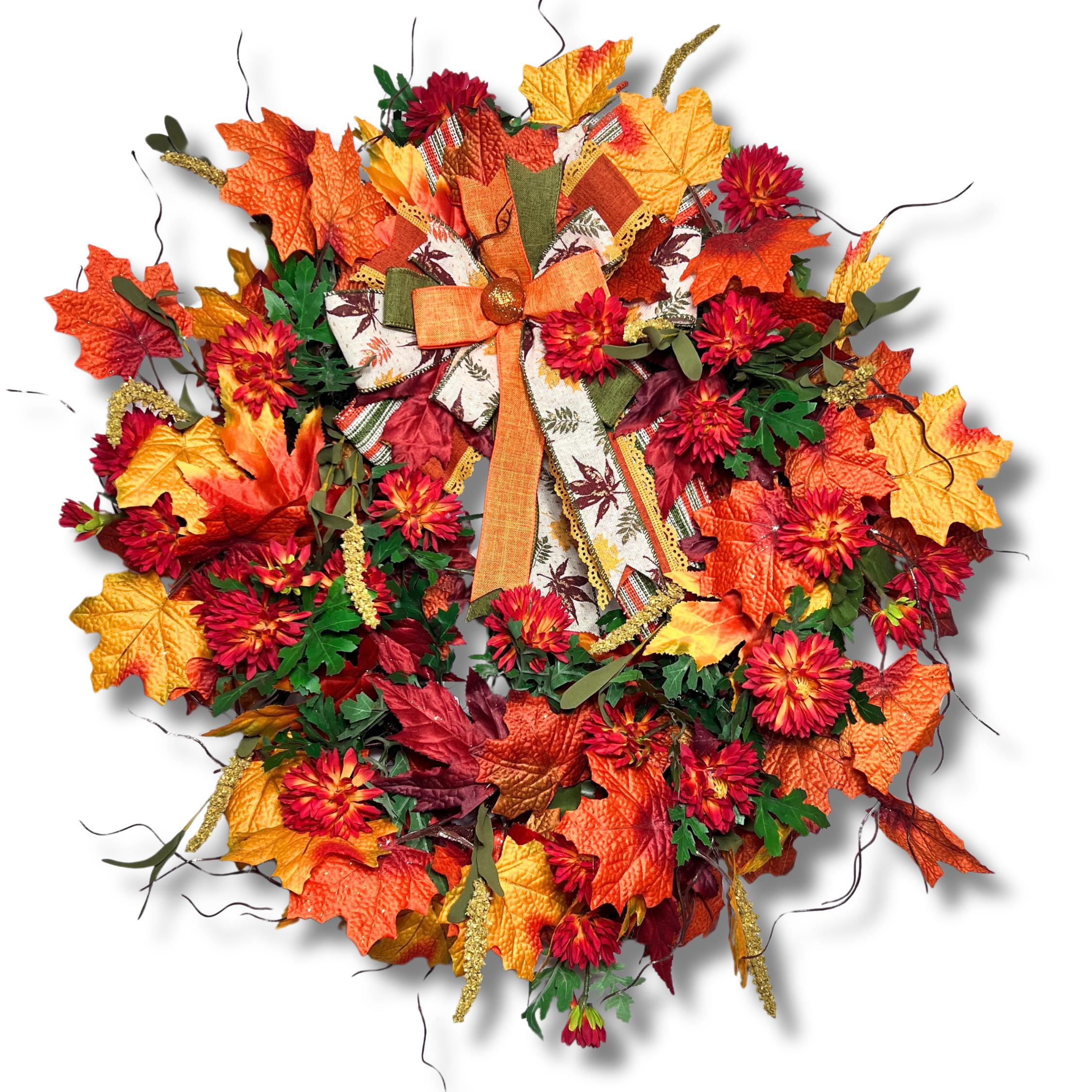 Autumn Maple Leaf Wreath With Mums and Burlap Bow, Fall Door Decor ...