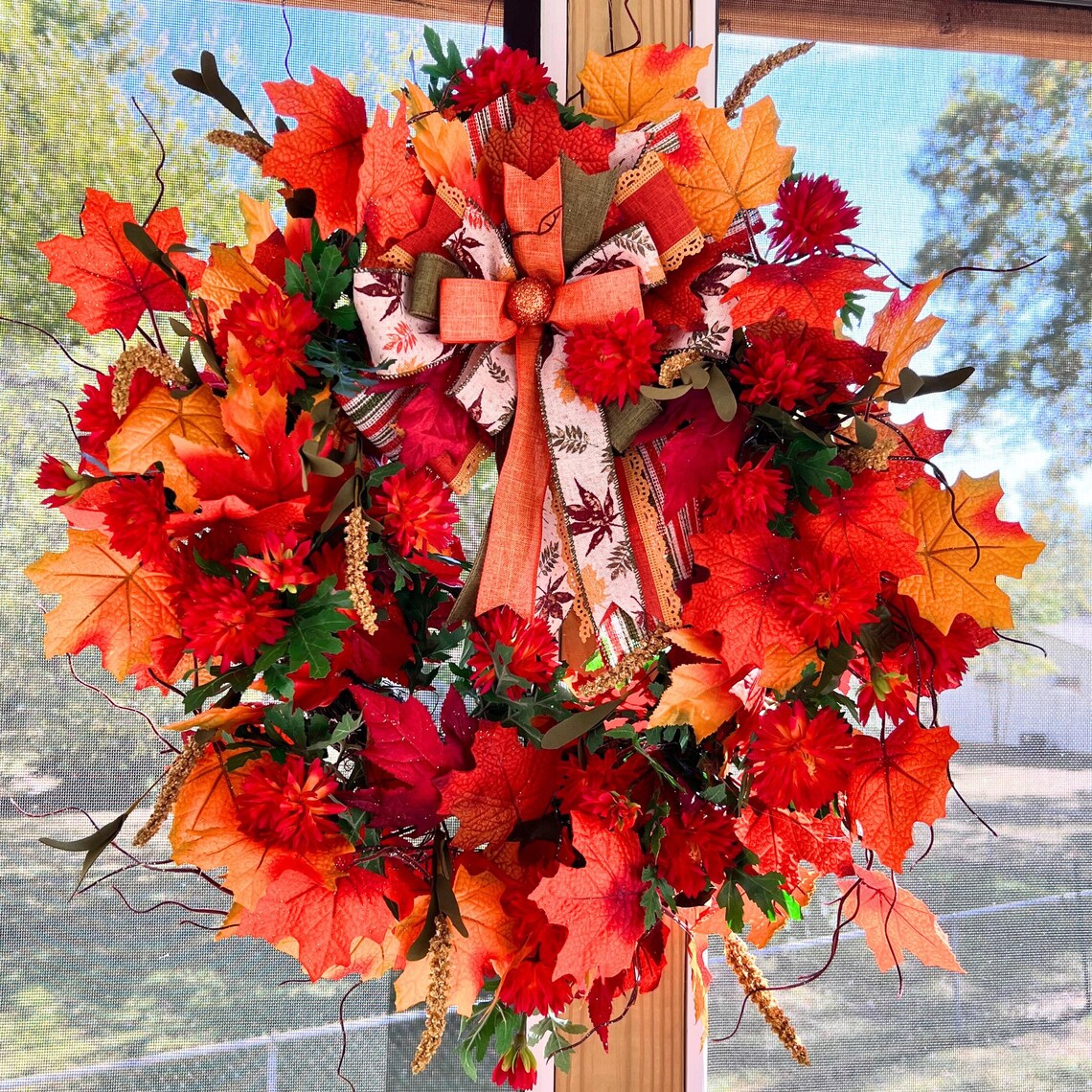 Autumn Maple Leaf Wreath With Mums and Burlap Bow, Fall Door Decor ...