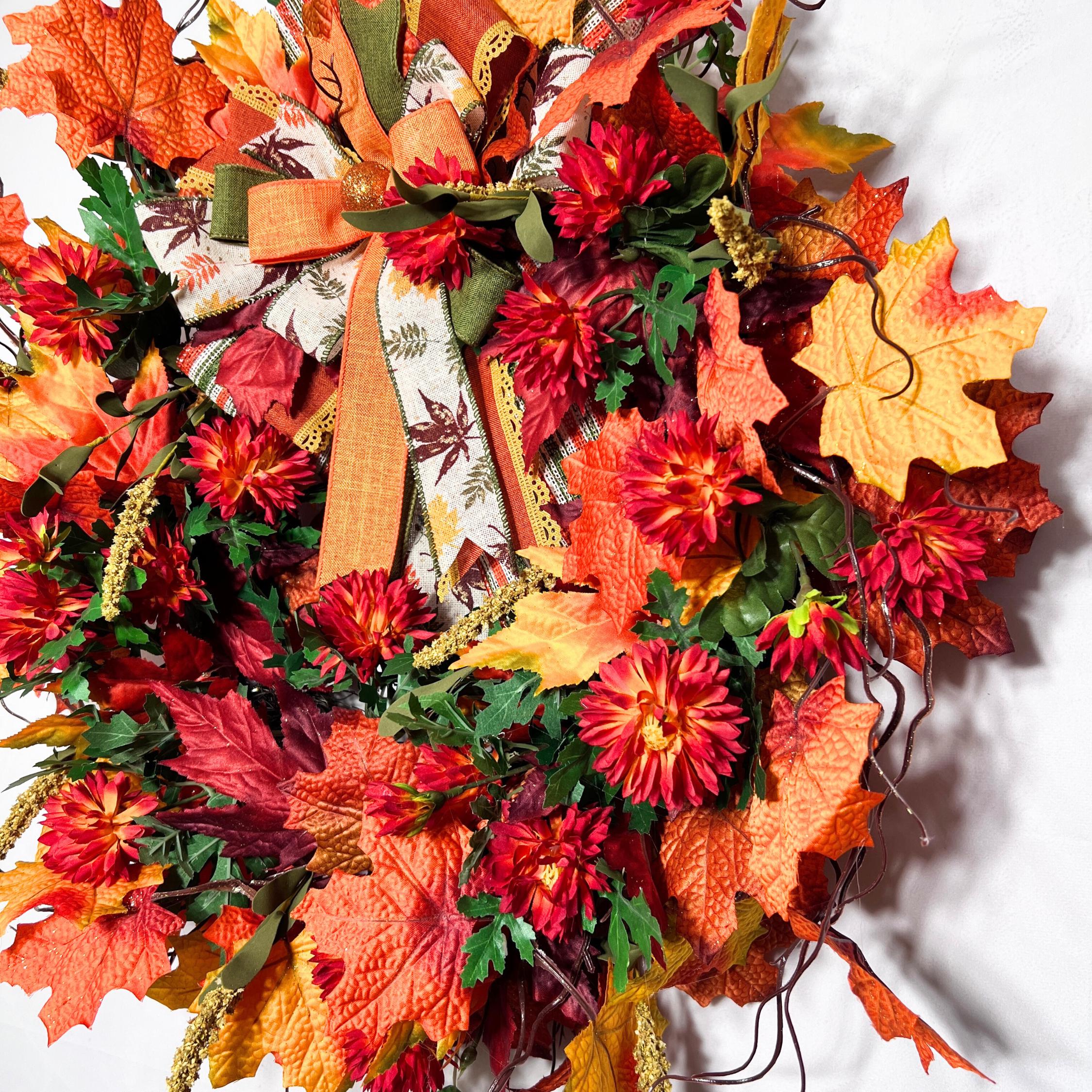 Autumn Maple Leaf Wreath With Mums and Burlap Bow, Fall Door Decor ...