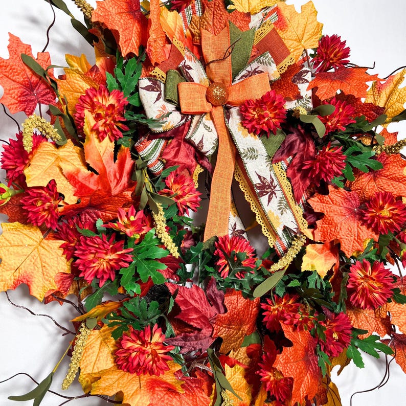 Autumn Maple Leaf Wreath With Mums and Burlap Bow, Fall Door Decor ...