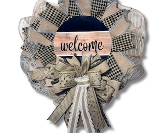 Rustic Welcome Wreath: Burlap Bow, Farmhouse Front Door Decor