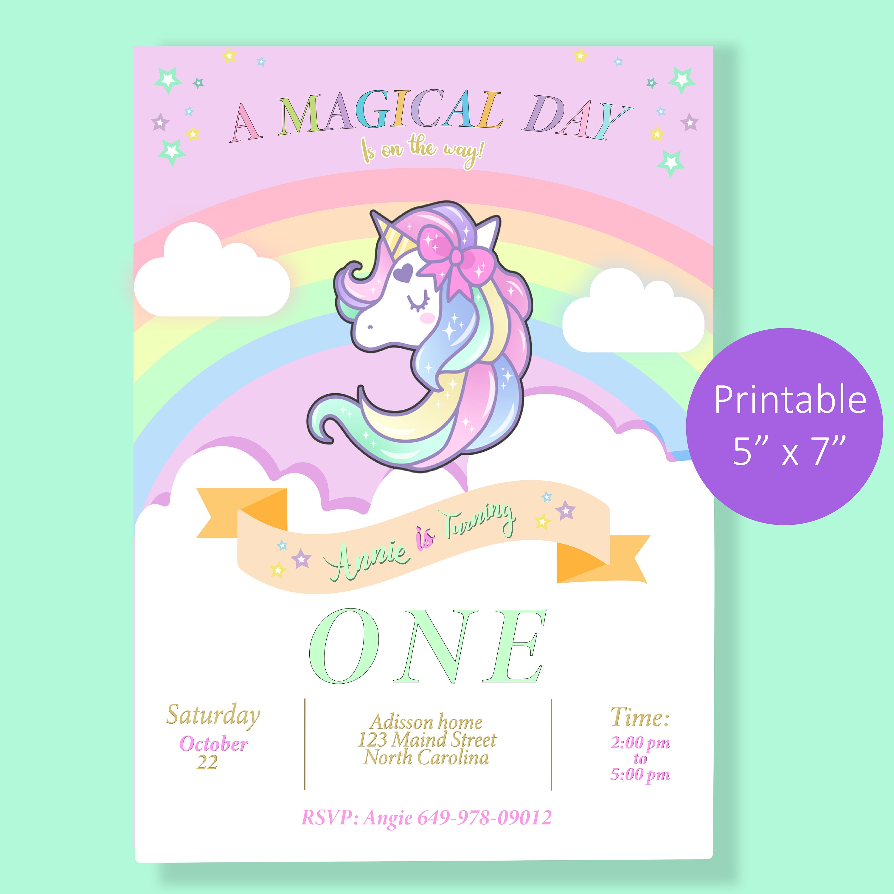 Unicorn Birthday Invitation 5 X 7 Digital Etsy