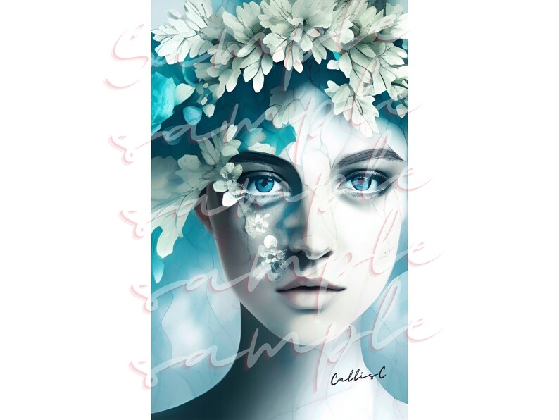 Printable Art Shy Woman With Leaves and Flowers digital Etsy