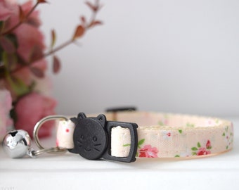 BLOSSOM BEIGE COLLAR, Customizable Kitten Cat Collar, Adjustable Pet Collar with Bell,  Small Dogs, Breakaway buckle, Spring Flowers Leaves