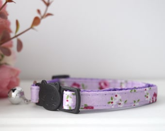 BLOSSOM PURPLE COLLAR, Customizable Kitten Cat Collar, Adjustable Pet Collar with Bell,  Small Dogs, Breakaway buckle, Spring Flowers Leaves