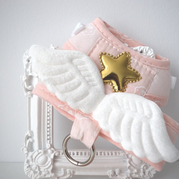 Ensemble harnais et laisse PINK ANGEL WINGS, longueur réglable pour chats et petits chiens, velcro doux bébé rose et boucle, cadeau héros étoile dorée