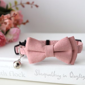 PINK CLASSIC COLLAR, Customizable Kitten Cat Collar, Adjustable Pet Collar with Bow Tie and Bell, Small Dogs,Breakaway buckle, Gift for Pets image 2