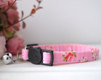 BLOSSOM PINK COLLAR, Customizable Kitten Cat Collar, Adjustable Pet Collar with Bell,  Small Dogs, Breakaway buckle, Spring Flowers Leaves