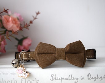 BROWN CLASSIC COLLAR, Customizable Kitten Cat Collar, Adjustable Collar with Bow Tie and Bell, Small Dogs, Breakaway buckle, Gift for pets