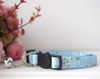 BLOSSOM BLUE COLLAR, Customizable Kitten Cat Collar, Adjustable Pet Collar with Bell,  Small Dogs, Breakaway buckle, Spring Flowers Leaves
