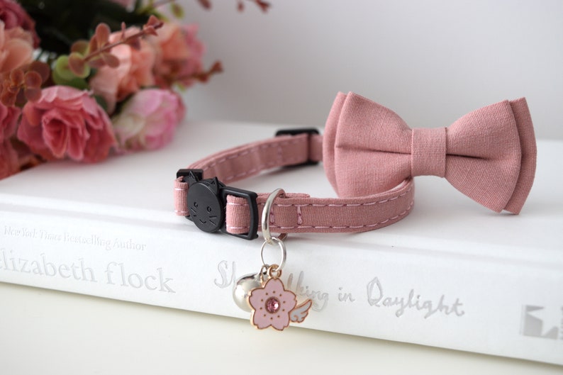 PINK CLASSIC COLLAR, Customizable Kitten Cat Collar, Adjustable Pet Collar with Bow Tie and Bell, Small Dogs,Breakaway buckle, Gift for Pets image 4