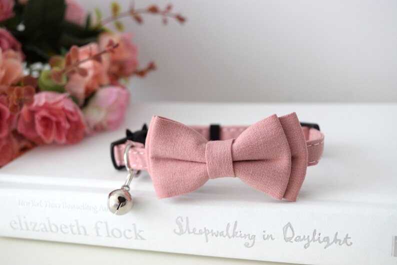 PINK CLASSIC COLLAR, Customizable Kitten Cat Collar, Adjustable Pet Collar with Bow Tie and Bell, Small Dogs,Breakaway buckle, Gift for Pets image 2