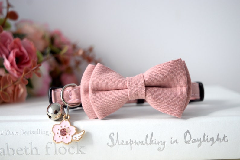 PINK CLASSIC COLLAR, Customizable Kitten Cat Collar, Adjustable Pet Collar with Bow Tie and Bell, Small Dogs,Breakaway buckle, Gift for Pets image 1