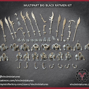 Può includere: Un kit multipart big black ratmen composto da vari componenti in miniatura non dipinti, tra cui armi in asta, lame, teste, torsi, gambe e code. Il set include diverse opzioni di armi, pezzi di armatura e parti di creature da assemblare.