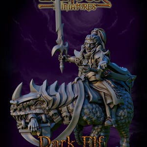 May include: A grey miniature figure of a Dark Elf Commander riding a scaled reptilian creature. The figure holds a sword aloft and wears ornate armor. The text Landor Miniatures and Dark Elf Commander appear in orange lettering on the image.
