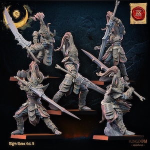 May include: A set of five grey fantasy elf warrior miniatures in dynamic combat poses. Each figure wears intricate, ornate plate armor with high collars and tall, flowing crests. They wield long, curved blades and stand on square bases.