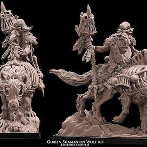 Peut inclure: Figurine miniature d'un Chaman Gobelin non peinte chevauchant un loup, pour jeux de table. Le chaman tient un bâton avec des détails de crâne et de plumes. Le loup a une apparence squelettique.