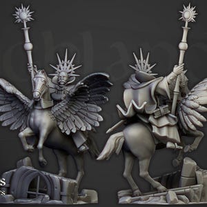 Peut inclure: Miniature grise détaillée d'un cheval ailé monté par une figure vêtue d'une robe, tenant un bâton avec un motif de soleil. La figurine porte une couronne et est posée sur une base en pierre.