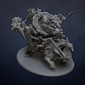 May include: A gray resin miniature figurine depicting a reptilian creature carrying a large circular stone structure on its back. The structure features a central crystal, intricate carvings, and is manned by multiple small lizard-like figures.