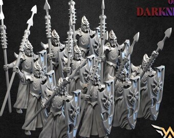 May include: A group of grey miniature warrior figurines, each wearing ornate armor and helmets, holding tall spears and detailed shields. The text SLAVES OF DARKNESS is visible in the upper right, and VEMBER RELEASE is at the bottom left.