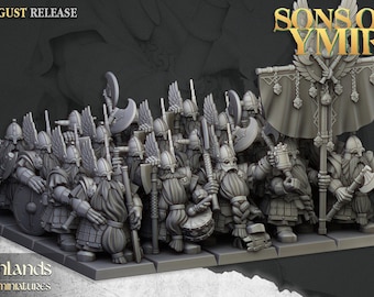 May include: A group of grey miniature warrior figurines titled Sons of Ymir, featuring bearded figures in winged helmets holding axes, shields, and a large banner. The figures are arranged in a formation on a rectangular base, with August Release text visible.