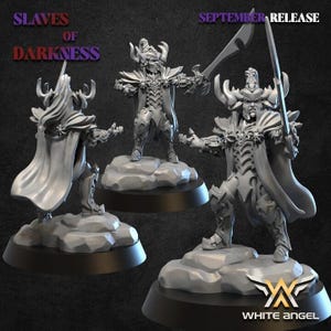 May include: Three gray miniature figures of armored warriors, each posed on a rocky base. The figures have horned helmets and are holding swords. The text "SLAVES OF DARKNESS" and "SEPTEMBER RELEASE" are visible.
