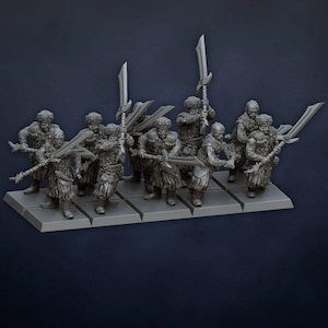 May include: A collection of miniature fantasy figures, possibly for tabletop gaming. The figures are wearing detailed armour and helmets, and are holding large swords. The figures are standing on a rectangular base, and are in a battle-ready pose.