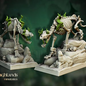 May include: Two skeletal wolf miniatures with off-white bones and green flame-like accents, each posed on a rocky base featuring small skulls and a broken shield. The text Highlands Miniatures is visible in the bottom left corner of the image.