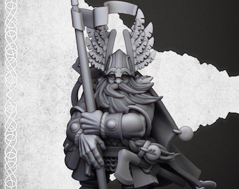 May include: A gray miniature figurine of a bearded warrior wearing a winged helmet and holding a long spear. The figure features detailed armor, a flowing cape, and an axe at the waist. Text on the image reads MAY RELEASE, SONS OF YMIR, and HIGHLANDS MINIATURES.