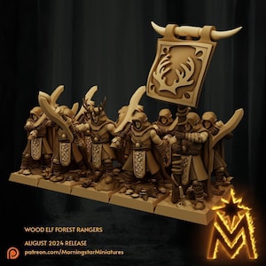 May include: A set of tan-coloured miniature figurines depicting Wood Elf Forest Rangers. The figures wear hooded cloaks and tunics with leaf patterns, carrying curved blades. One figure holds a tall banner featuring a deer antler emblem.
