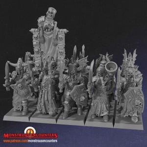 May include: A collection of grey miniature fantasy figures, possibly for tabletop gaming. The figures depict skeletal warriors with swords, shields, and detailed armour. A banner adorned with skulls is visible. The logo "MONSTROUS ENCOUNTERS" is at the bottom.